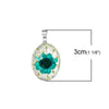 P177 - 1 pc. Silver Tone Oval REAL Teal Green Blue Flower Resin Pendant - 30mm x 17mm - 1.18" x 0.67"