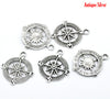 P207 - 10pcs. Antique Silver Compass Navigational Charms Pendants - 30mm X 25mm