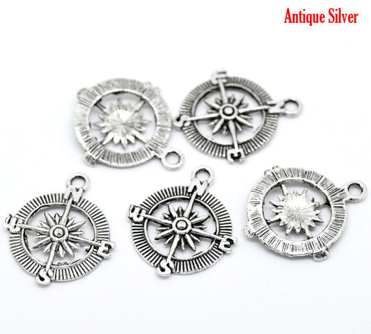 P207 - 10pcs. Antique Silver Compass Navigational Charms Pendants - 30mm X 25mm