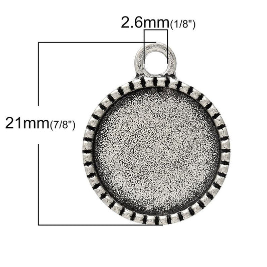 P454 - 10pcs. Antique Silver Circle Round Bezel Cabochon Pendant Tags Trays - 14mm Glue Pad Settings - Tree Design