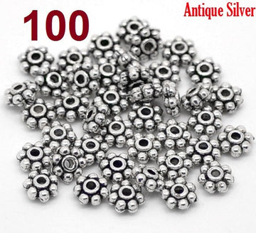 BD521A - 100 pcs Antique Silver Snowflake Daisy Spacer Beads- 5mm
