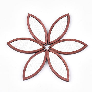 P2204 - 4 pcs. White and Brown REAL Leather Cowhide over Wood Dangle Pendants - Rattan - Marquise - 46mm (1.81") - Great for Earrings or Dangles!