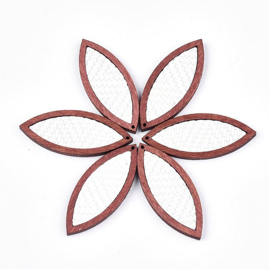 P2204 - 4 pcs. White and Brown REAL Leather Cowhide over Wood Dangle Pendants - Rattan - Marquise - 46mm (1.81") - Great for Earrings or Dangles!