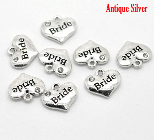 P078 - 10 pcs. Antique Silver "Bride" charm with rhinestone - 16mm x 14mm