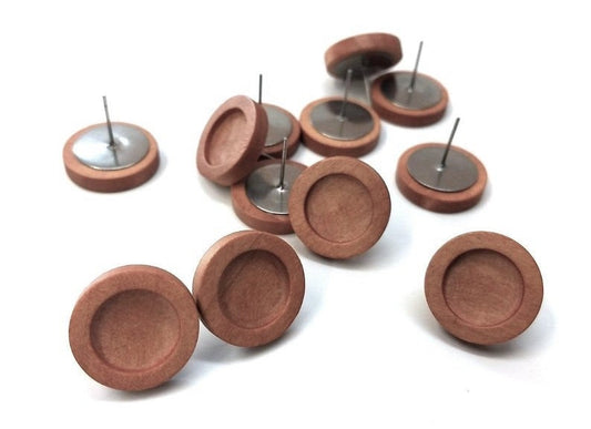 E602 - 10 pcs. Stainless Steel Earring Posts Studs Settings Bezels Cabochons Tacks - 12mm Glue Pad Setting - Silver Tone - Wood Bezel - Cherry Brown