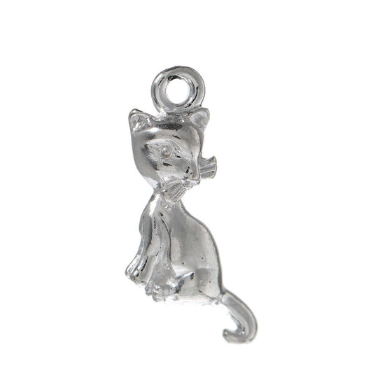 P280A - 10 pcs. Silver Plated Cat Sitting Charms Pendants - 24mm X 11mm