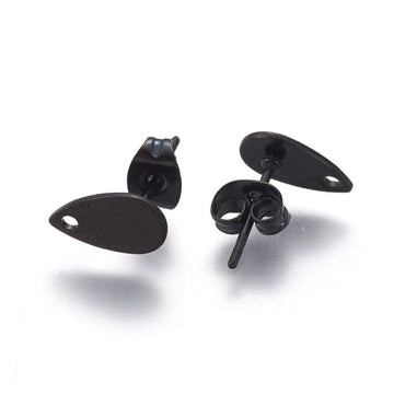 E495 - 10 pcs (5 pairs) 304 Stainless Steel Teardrop Earring Posts/Bases/Studs/Settings with Backs - 10mm x 6mm - Hole for Dangles - Gunmetal Black