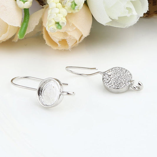 E901 - 4 pcs. Silver Tone Earring Hooks Settings Bezels Cabochons - 8mm Glue Pad Setting - with Loop