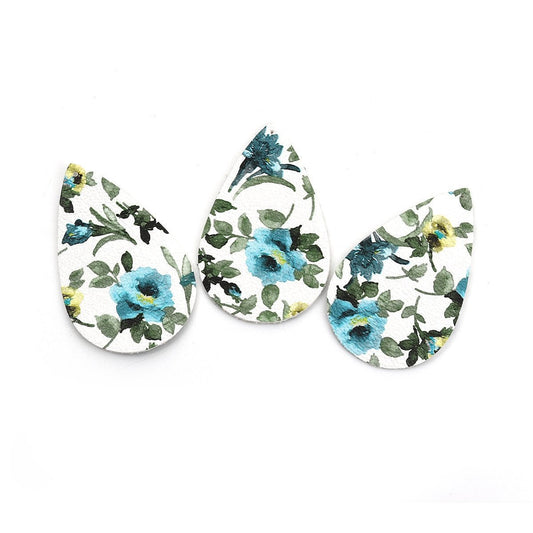 P875 - 10 pcs. White and Blue Floral Faux Leather Dangle Charms Pendants - Teardrop - 56mm (2.2") - Double Sided - Great for Earrings, Necklaces or Dangles