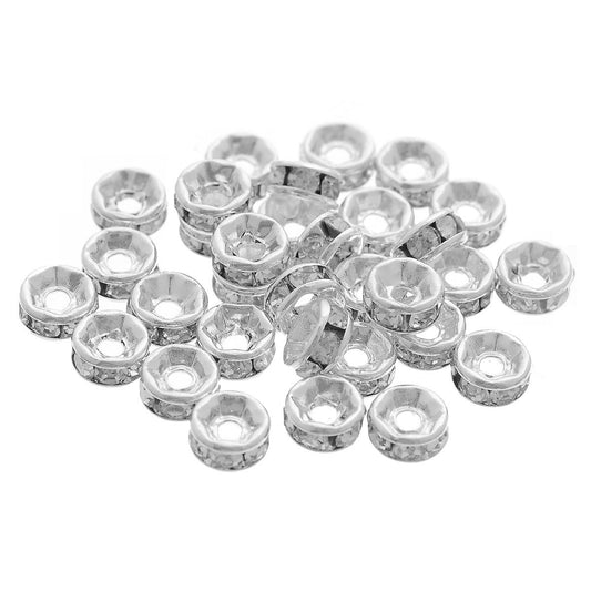 BD005 - 30 pcs Silver Plated Clear Rhinestone Rondelle Spacer Beads - 5mm