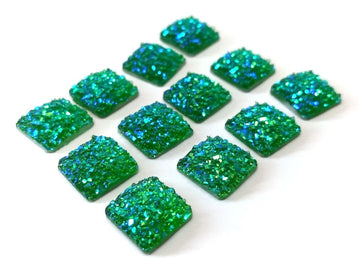CA790 - 10 pcs Druzy Resin Embellishment Cabochons Green Multicolor AB - 12mm - Square - Dome Style
