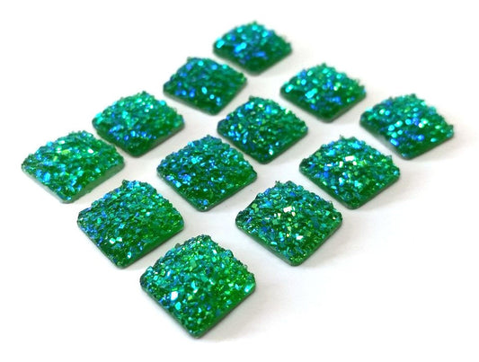 CA790 - 10 pcs Druzy Resin Embellishment Cabochons Green Multicolor AB - 12mm - Square - Dome Style