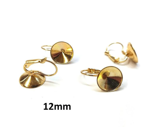 E717 - 10 pcs. (5 pairs) 304 Stainless Steel Earring Lever Back Clips - Pointed Back Cone Posts - Golden - For 12mm Round Back Cabochons