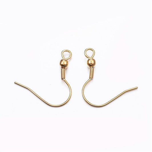 E769 - 50 pcs 304 Stainless Steel Golden Earring Hooks with Spring and Ball - 20mm x 17mm - Hole: 2mm - 0.8mm Pin - Bright Gold