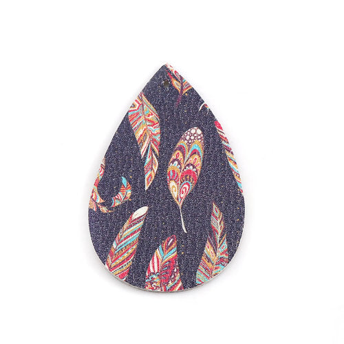 P1092 - 10 pcs Nature Feathers Multicolor Faux Leather Dangle Charms Pendants - Teardrop - 56mm (2.2") - Great for Earrings! Double Sided