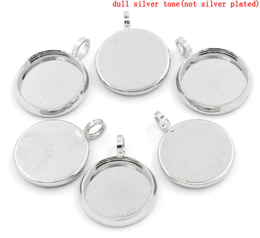 P425 - 10 pcs. Silver Tone Circle Round Bezel Cabochon Pendant Tags Trays - 10mm Glue Pad - 15x12mm