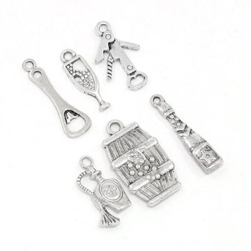 P208 – 6 pcs. Silver Tone Wine Charms Pendants with Jump Rings- 17mm- 25mm – Variety – Assortment – Mix – Set A