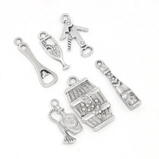 P208 – 6 pcs. Silver Tone Wine Charms Pendants with Jump Rings- 17mm- 25mm – Variety – Assortment – Mix – Set A