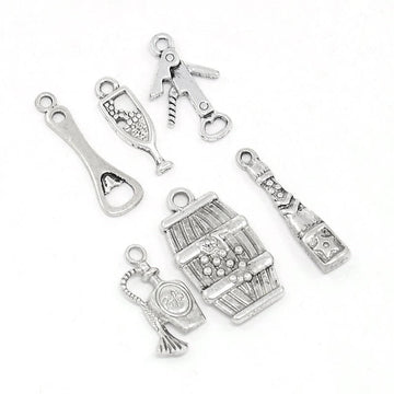 P208 - 6 pcs. Silver Tone Wine Charms Pendants with Jump Rings- 17mm- 25mm - Variety - Assortment - Mix - Set A