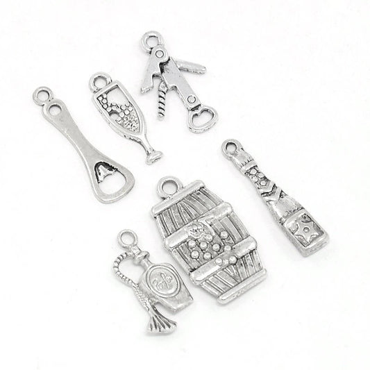 P208 - 6 pcs. Silver Tone Wine Charms Pendants with Jump Rings- 17mm- 25mm - Variety - Assortment - Mix - Set A
