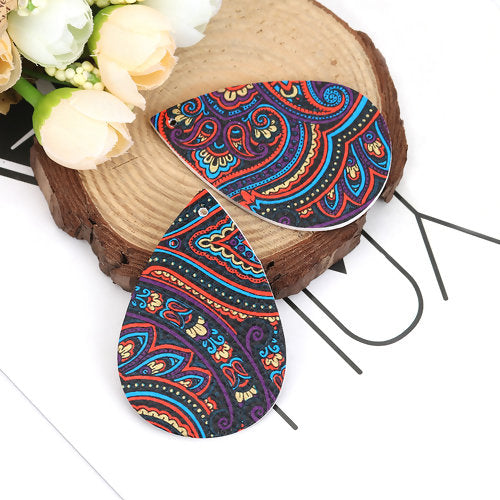 P231 - 10 pcs. Black and Blue Multicolor Filigree Floral Faux Leather Dangle Charms Pendants - Teardrop - 56mm (2.2") - Double Sided