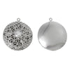 P760 - 3pcs. Silver Tone Carved Round Perfume Diffuser Pendant Photo Picture Locket Box with Rhinestone- 36mm X 32mm - Fits 24mm Images - It opens