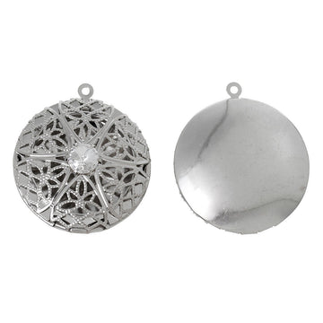 P760 - 3pcs. Silver Tone Carved Round Perfume Diffuser Pendant Photo Picture Locket Box with Rhinestone- 36mm X 32mm - Fits 24mm Images - It opens