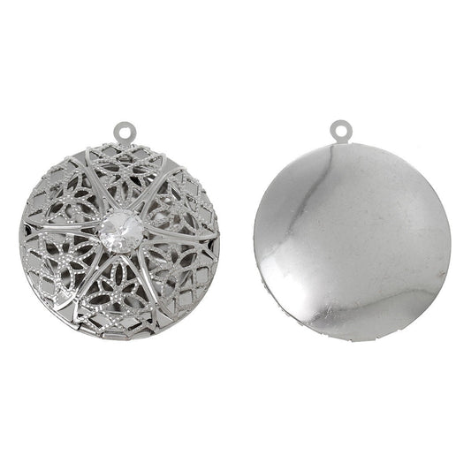 P760 - 3pcs. Silver Tone Carved Round Perfume Diffuser Pendant Photo Picture Locket Box with Rhinestone- 36mm X 32mm - Fits 24mm Images - It opens