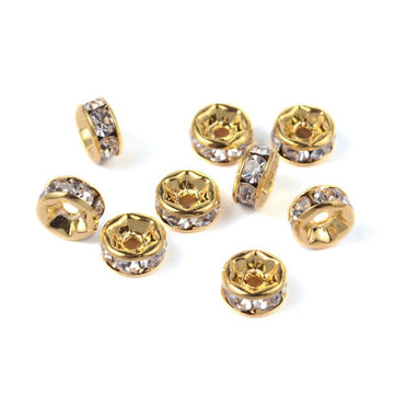 BD588 - 20 pcs Golden Clear Rhinestone Rondelle Spacer Beads - 6mm x 3mm - Grade AAA - Hole Size: 1mm - Straight Edge - Bright Gold