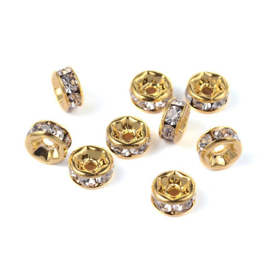 BD588 - 20 pcs Golden Clear Rhinestone Rondelle Spacer Beads - 6mm x 3mm - Grade AAA - Hole Size: 1mm - Straight Edge - Bright Gold