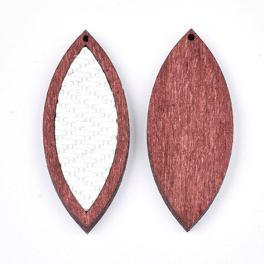 P2204 - 4 pcs. White and Brown REAL Leather Cowhide over Wood Dangle Pendants - Rattan - Marquise - 46mm (1.81") - Great for Earrings or Dangles!