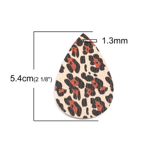 P1049 - 3 pcs. Jaguar Faux Leather Dangle Charms Pendants - Teardrop - Black and Brown - 54mm (2.13") - Double Sided