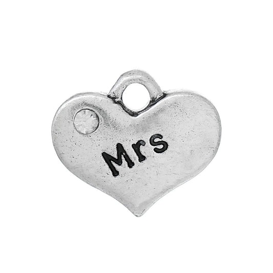 P079 - 4 pcs. Antique Silver "Mrs" charm with rhinestone - 16mm X 14mm
