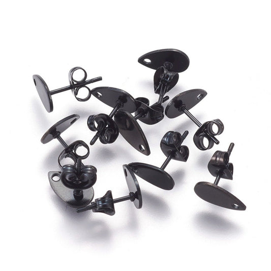 E495 - 10 pcs (5 pairs) 304 Stainless Steel Teardrop Earring Posts/Bases/Studs/Settings with Backs - 10mm x 6mm - Hole for Dangles - Gunmetal Black