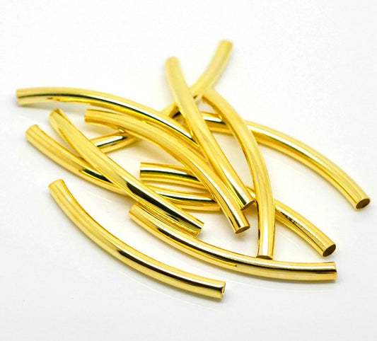BD512 - 50 pcs. Gold Plated Noodle Smooth Pattern Tube Extra Long Thin Curved Beads - 60mm x 5mm (2.36" x 0.2") - Made of Copper. High Quality!