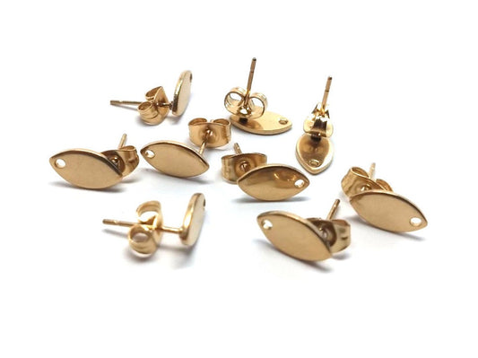 E770 - 10 pcs. (5 pairs) 304 Stainless Steel Oval Earring Posts/Bases/Studs/Settings with Backs - 10mm x 5.5mm - Hole for Dangles - Golden