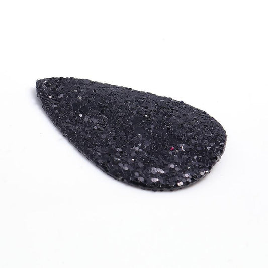 FL0006 - 10 pcs. Black Glitter Faux Leather Dangle Charms Pendants - Teardrop - 30mm (1.18") - Great for Light Earrings and Dangles! Double Sided