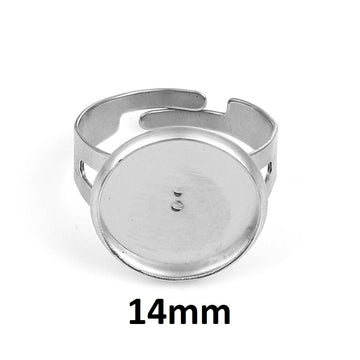 RB040 - 5 pcs. 304 Stainless Steel Silver Tone ADJUSTABLE Cabochon Setting Bezel RING bases settings - Ring Size 7.75 US - Glue Pad 14mm