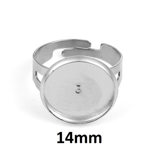 RB040 - 5 pcs. 304 Stainless Steel Silver Tone ADJUSTABLE Cabochon Setting Bezel RING bases settings - Ring Size 7.75 US - Glue Pad 14mm