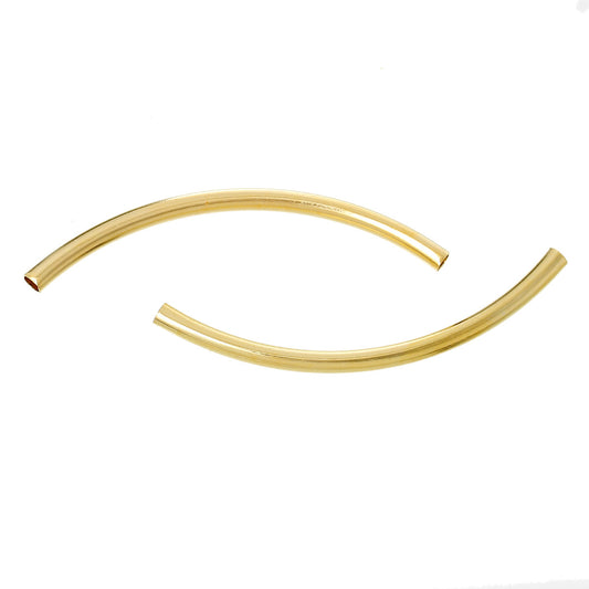 BD547 - 100 pcs. Gold Plated Noodle Tube Long Thin Smooth Curved Beads - 50mm x 3mm (2" x 0.12") - Hole Size: 2.4mm - Made of Copper! High Quality!