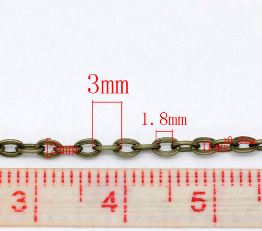 N109 - 10M (32.8 Ft) - Antique Bronze Tone Flat Link-Opened Chain - 3x2mm