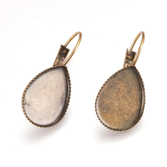 CA718 - 10 pcs. Antique Bronze Teardrop Earring Clips Settings Lever Back Posts Bezels Cabochons - 18x13mm Glue Pad Setting - Drop