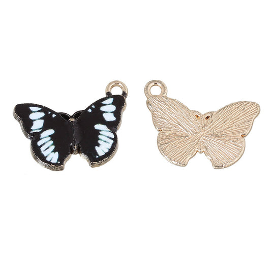 P581 - 10 pcs. Gold Plated Multicolored Black and White Butterfly Charms Pendants - 20mm x 15mm - Hole Size: 1.6mm - Butterflies