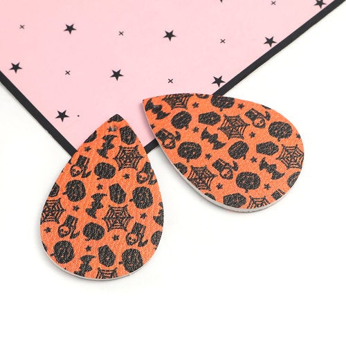 P1083 - 10 pcs. Orange Faux Leather Dangle Charms Pendants - Teardrop - Halloween - 56mm (2.2") - Great for Earrings or Dangles! Double-Sided - F