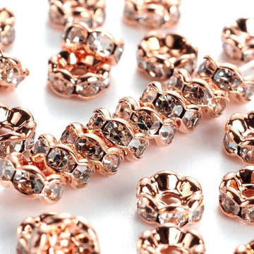 BD169 - 20 pcs Rose Gold Plated Clear Rhinestone Rondelle Spacer Beads - 6mm x 3mm - Grade AAA - Hole Size: 1mm - Curved Edge - Wavy Edge