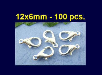 CL092 - 100 pcs. Silver Plated Lobster Clasps - 12mm X 6mm - Claw Clasps