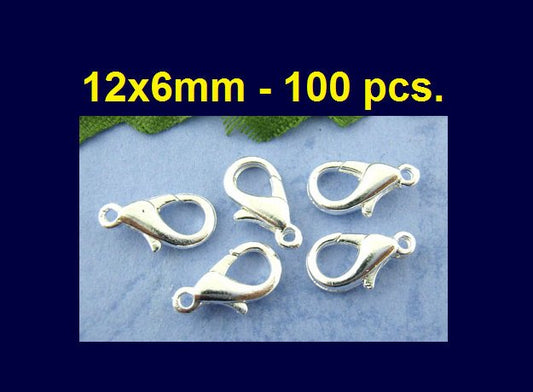 CL092 - 100 pcs. Silver Plated Lobster Clasps - 12mm X 6mm - Claw Clasps