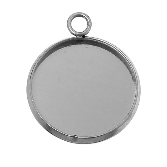 P741 - 10 pcs. 304 Stainless Steel Pendant Circle Posts Settings Bezels Cabochons - 14mm Glue Pad Setting - Hypoallergenic