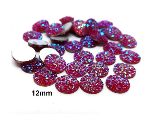 10 pcs Druzy Resin Embellishment Cabochons Ruby Pink Fuchsia - 12mm (1/2 in) - Dome Circle