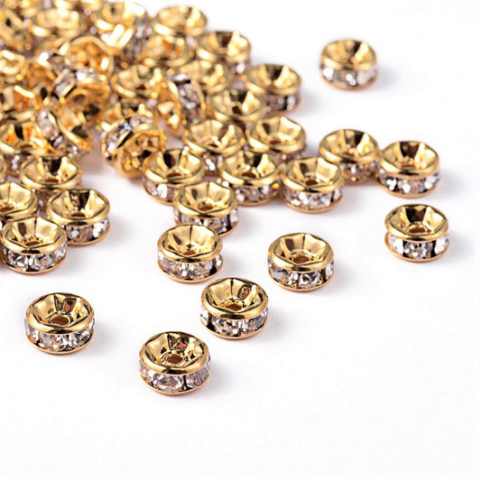 BD588 - 20 pcs Golden Clear Rhinestone Rondelle Spacer Beads - 6mm x 3mm - Grade AAA - Hole Size: 1mm - Straight Edge - Bright Gold